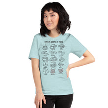 Load image into Gallery viewer, A model wearing a LIGHT BLUISH tshirt with pasta shapes