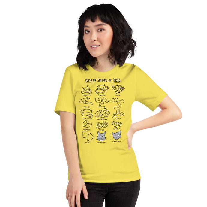 A model wearing a YELLOW tshirt with pasta shapes