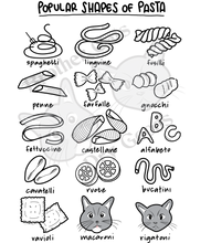 Load image into Gallery viewer, A guide to pasta shapes featuring two cats named after pasta