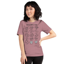 Load image into Gallery viewer,  A model wearing a REDDISH tshirt with pasta shapes
