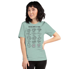 Load image into Gallery viewer,  A model wearing a GREENISH tshirt with pasta shapes
